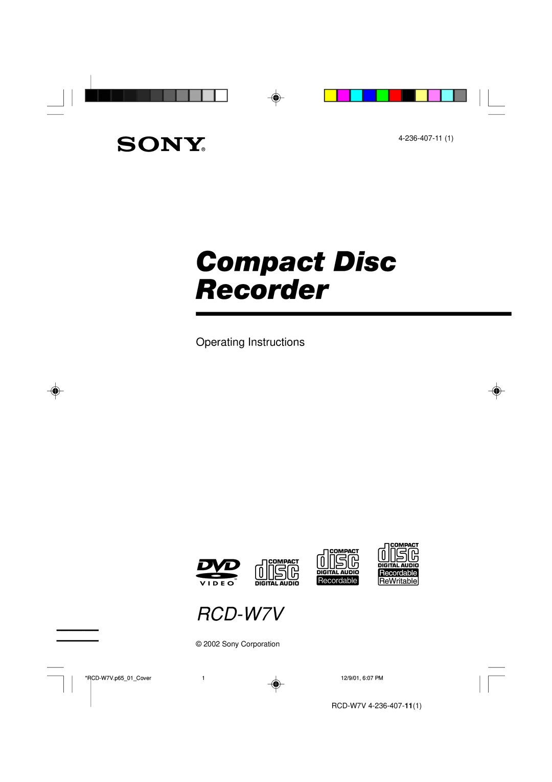 Sony RCD-W7V operating instructions Compact Disc Recorder 