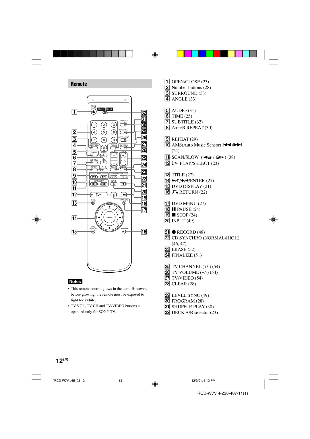 Sony RCD-W7V operating instructions 12US, Remote, Number buttons, Angle Audio Time 