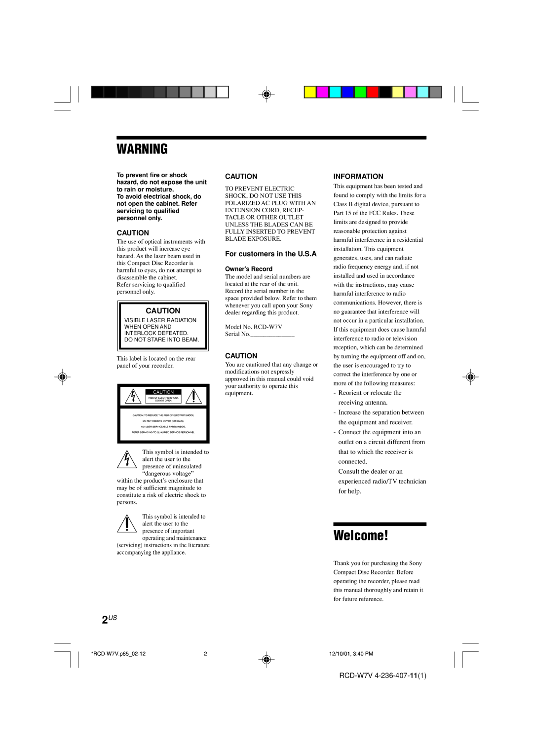 Sony RCD-W7V operating instructions Welcome, For customers in the U.S.A 