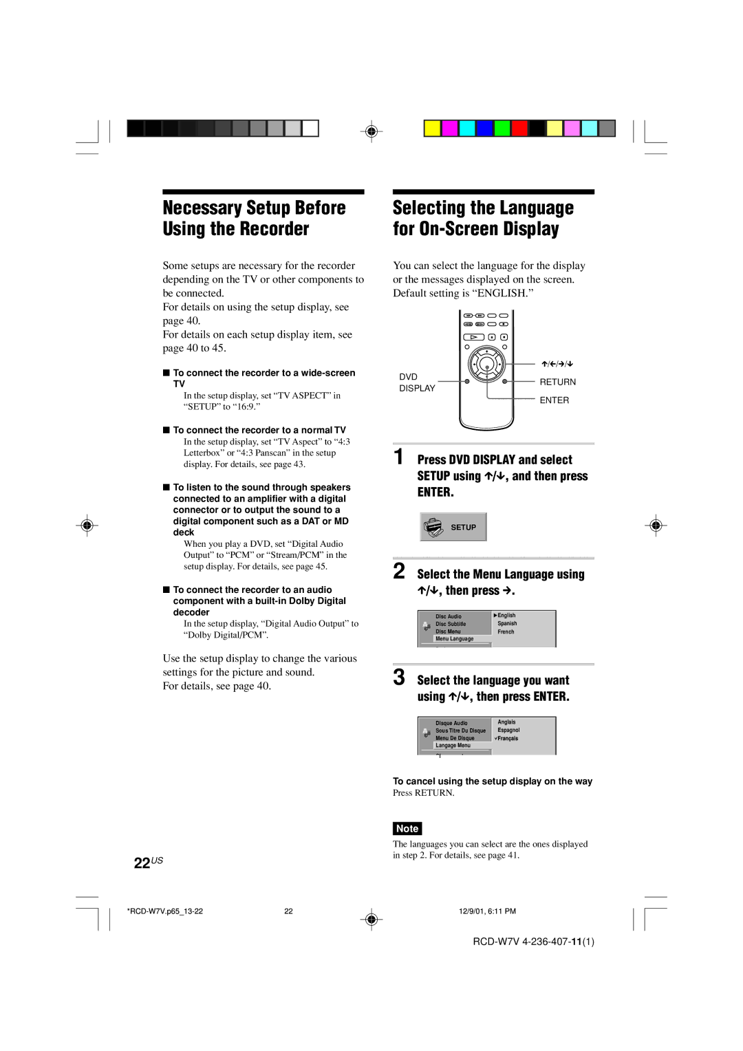 Sony RCD-W7V Necessary Setup Before Using the Recorder, Selecting the Language for On-Screen Display, 22US 