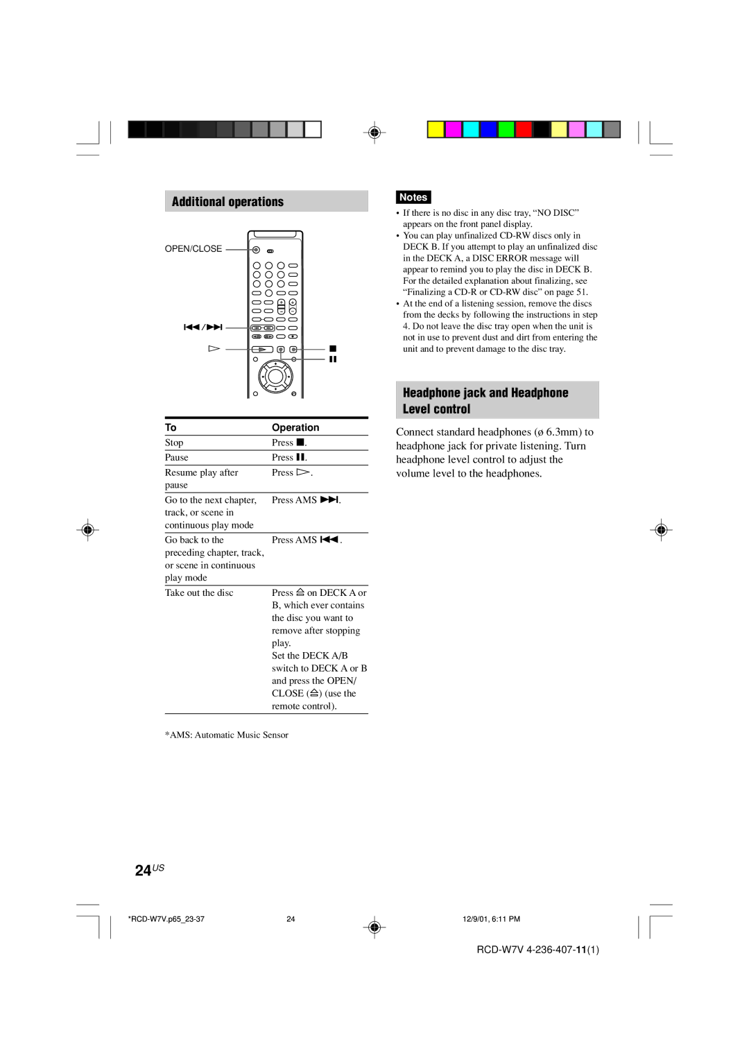 Sony RCD-W7V operating instructions 24US, Additional operations, Headphone jack and Headphone Level control 