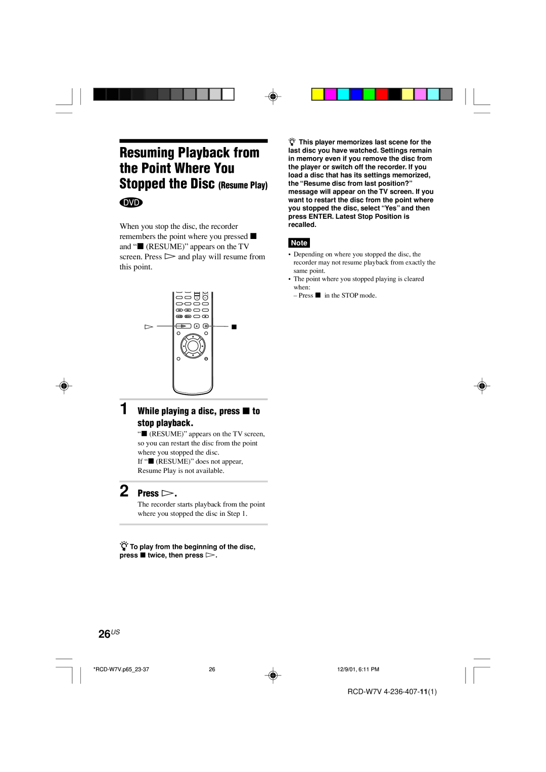 Sony RCD-W7V operating instructions Resuming Playback from the Point Where You Stopped the Disc, 26US 