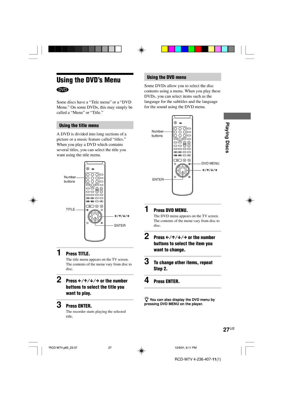 Sony RCD-W7V operating instructions Using the DVD’s Menu, 27US 