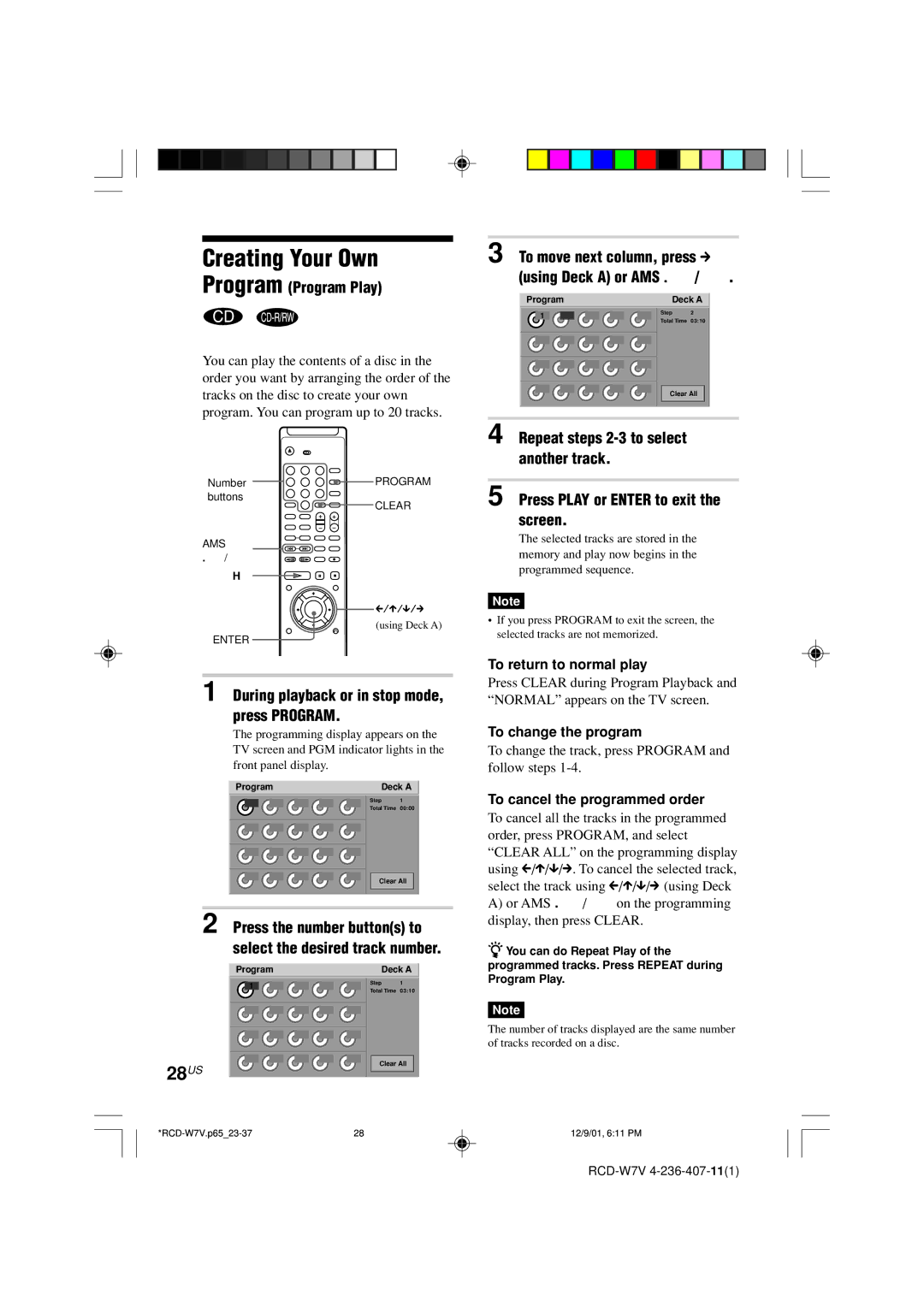 Sony RCD-W7V Creating Your Own, 28US, Program Program Play, During playback or in stop mode, press Program 