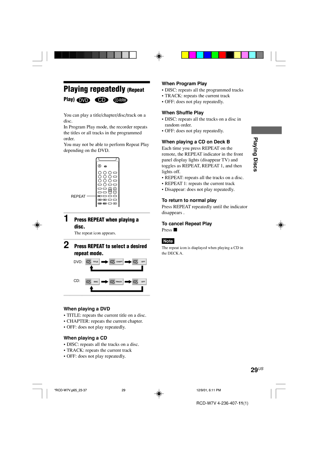 Sony RCD-W7V operating instructions Playing repeatedly Repeat, 29US 