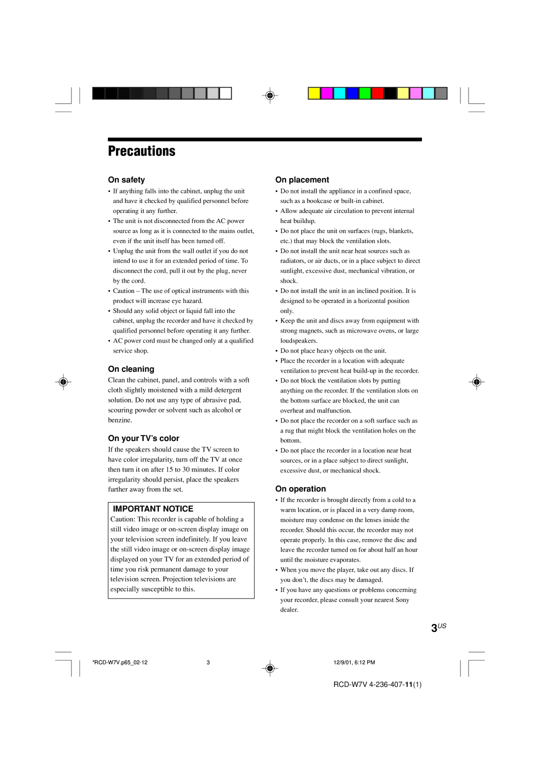 Sony RCD-W7V operating instructions Precautions 