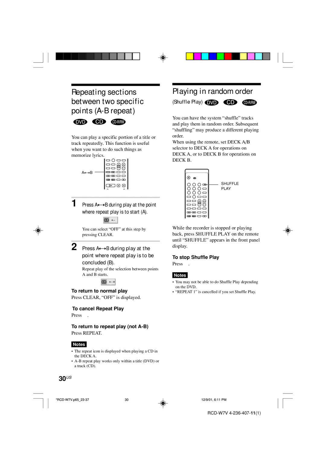 Sony RCD-W7V Playing in random order, 30US, To return to repeat play not A-B, To stop Shuffle Play 