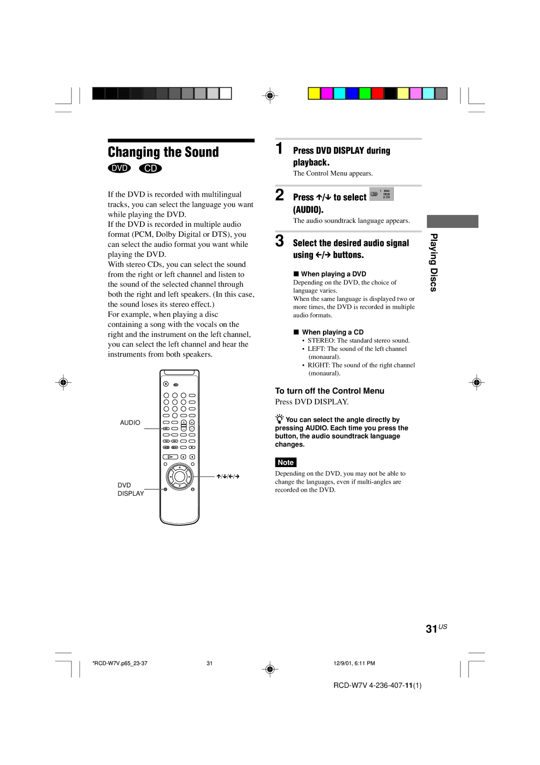 Sony RCD-W7V operating instructions Changing the Sound, 31US, Press DVD Display during playback, Press X/x to select 