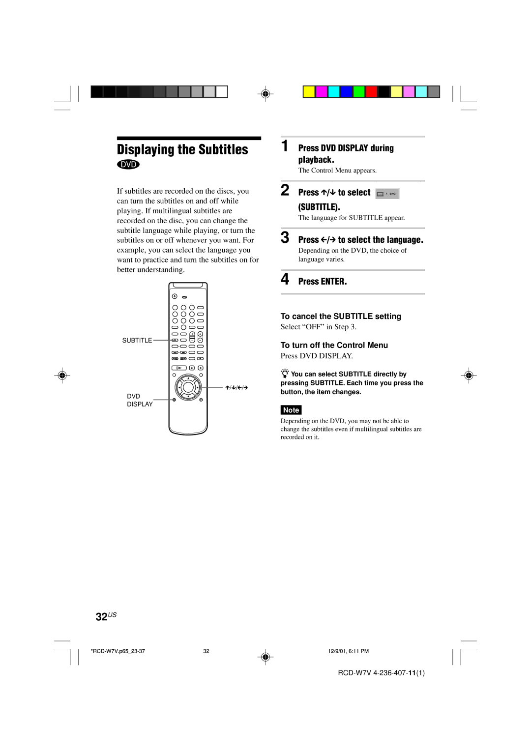 Sony RCD-W7V Displaying the Subtitles, 32US, Press X/x to select 1 ENG Subtitle, Press C/c to select the language 