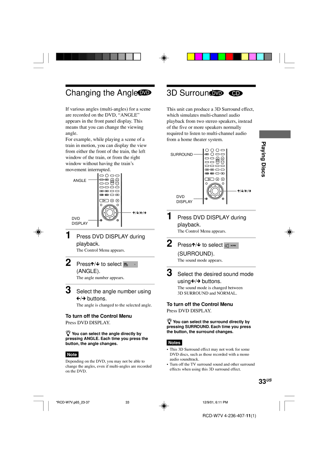 Sony RCD-W7V operating instructions Changing the Angles, 3D Surround, 33US 