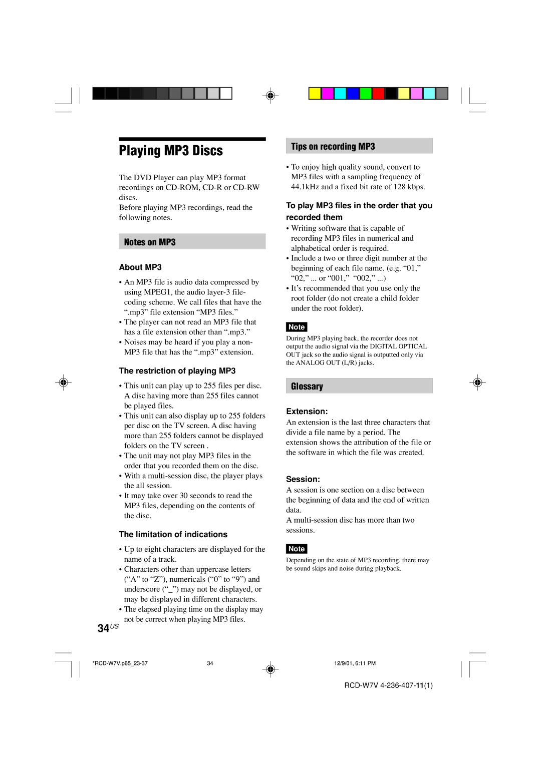 Sony RCD-W7V operating instructions Playing MP3 Discs, 34US, Tips on recording MP3, Glossary 