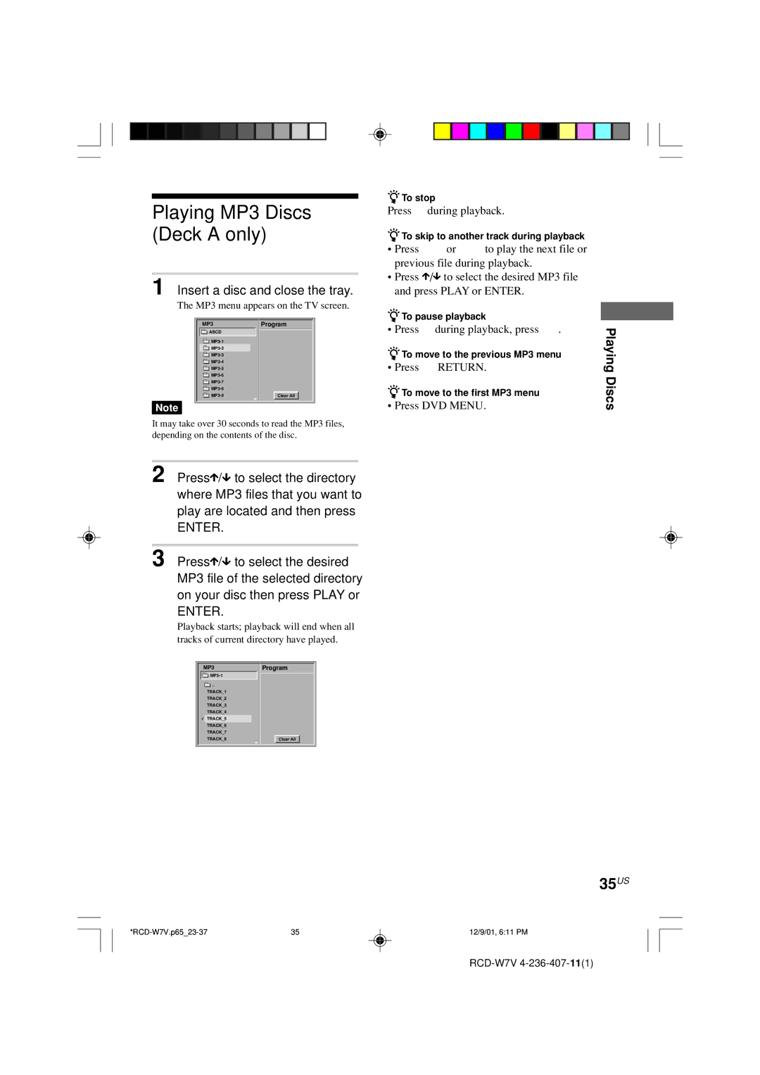 Sony RCD-W7V operating instructions Playing MP3 Discs Deck a only, 35US, Insert a disc and close the tray 