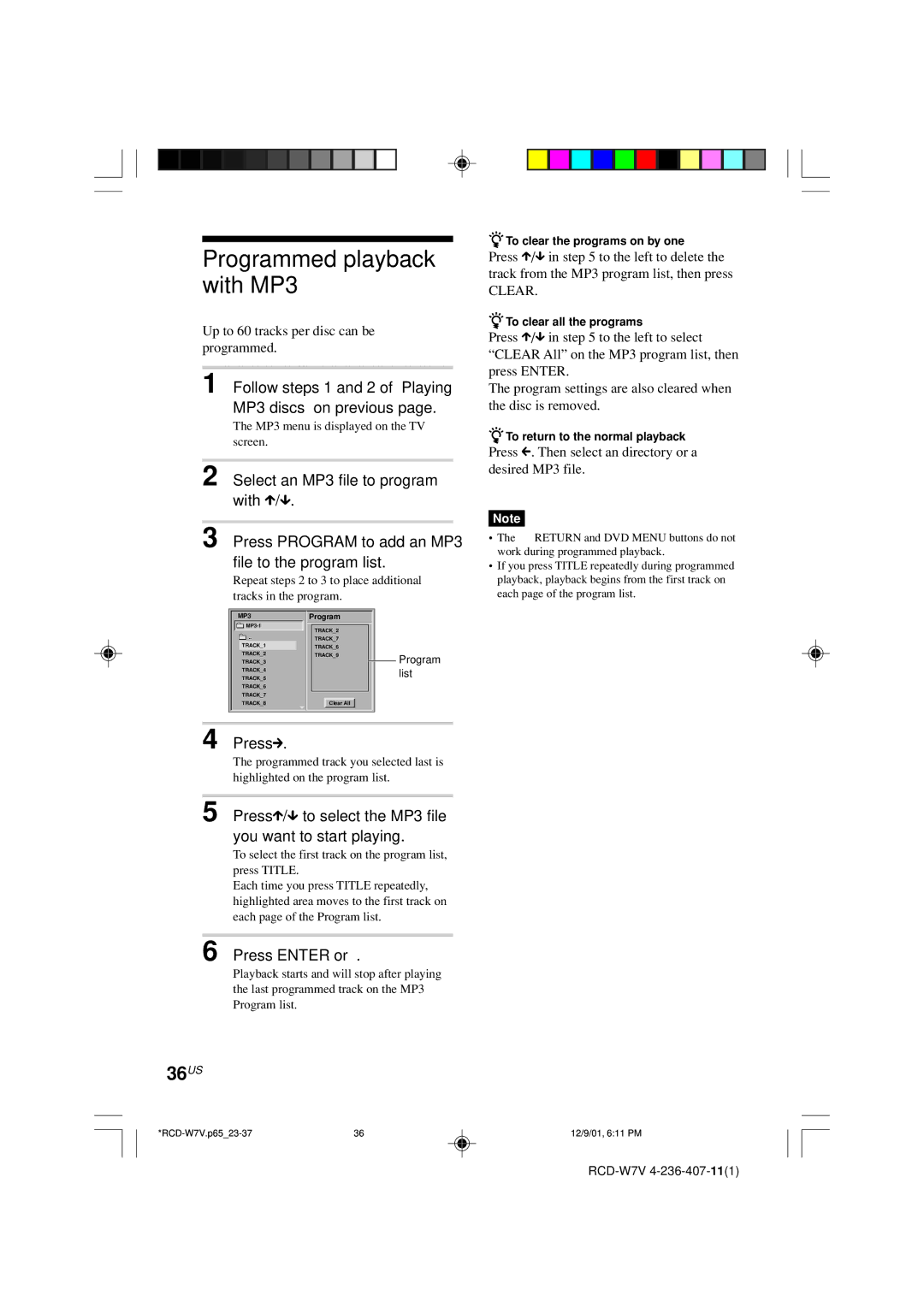 Sony RCD-W7V operating instructions Programmed playback with MP3, 36US, Press c, Press Enter or H 