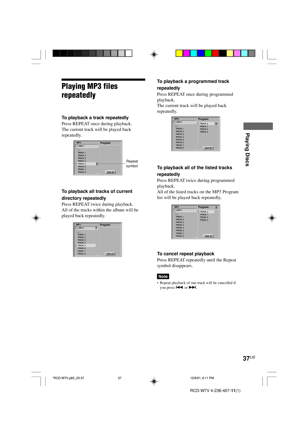 Sony RCD-W7V operating instructions Playing MP3 files repeatedly, 37US 