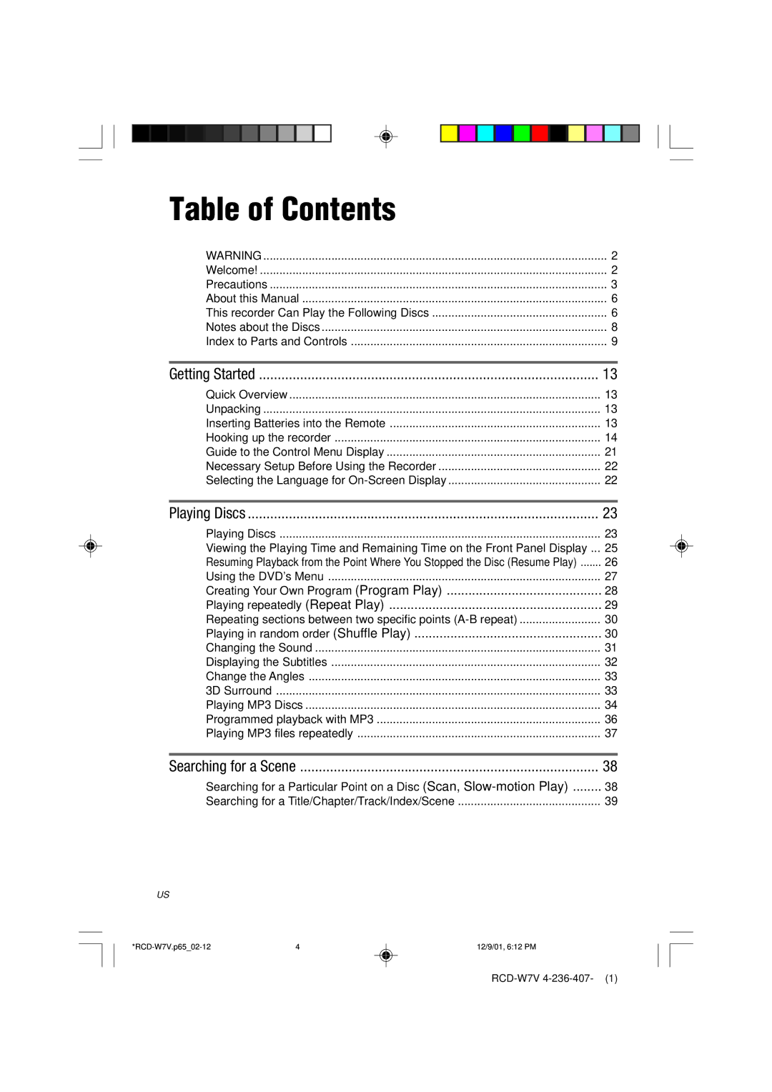 Sony RCD-W7V operating instructions Table of Contents 