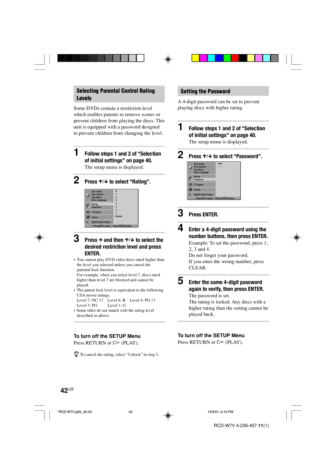 Sony RCD-W7V 42US, Selecting Parental Control Rating Levels, Press X/x to select Rating, Setting the Password 