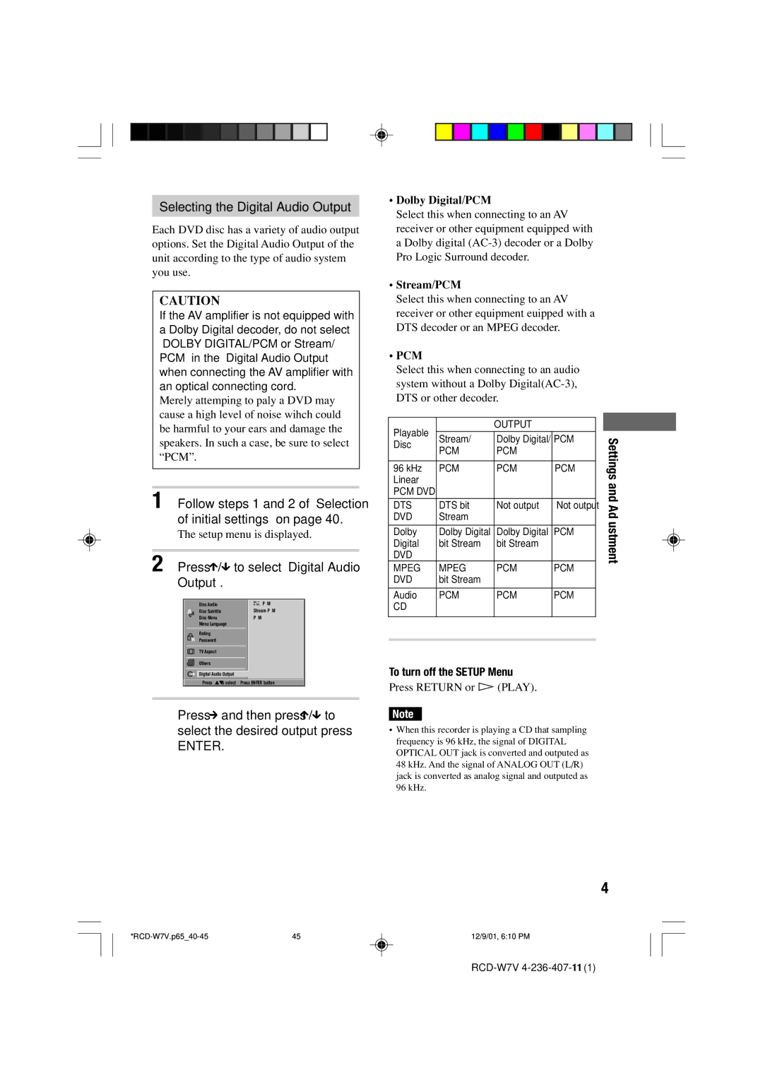 Sony RCD-W7V operating instructions 45US, Selecting the Digital Audio Output, Press X/x to select Digital Audio Output 