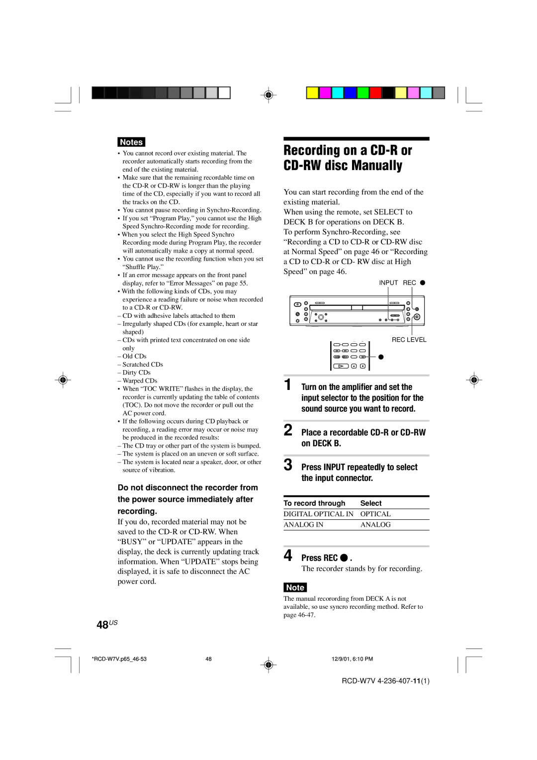 Sony RCD-W7V Recording on a CD-R or CD-RW disc Manually, 48US, Press REC z, Recorder stands by for recording 