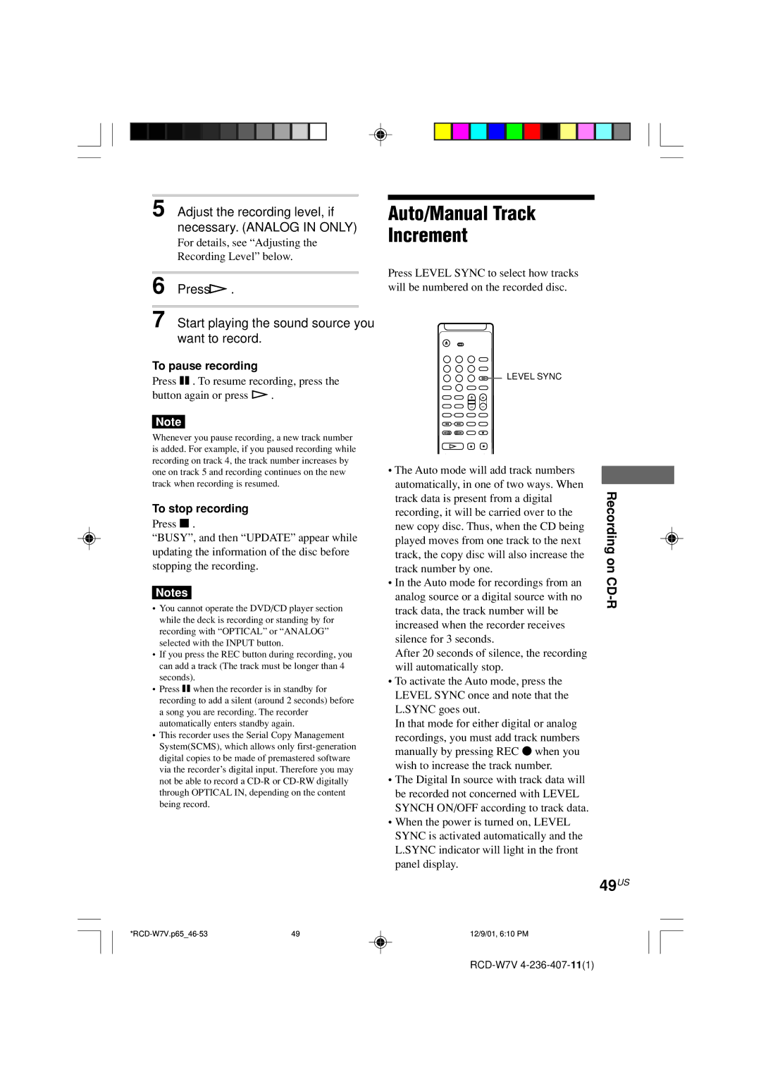 Sony RCD-W7V Auto/Manual Track Increment, 49US, Press H Start playing the sound source you want to record 