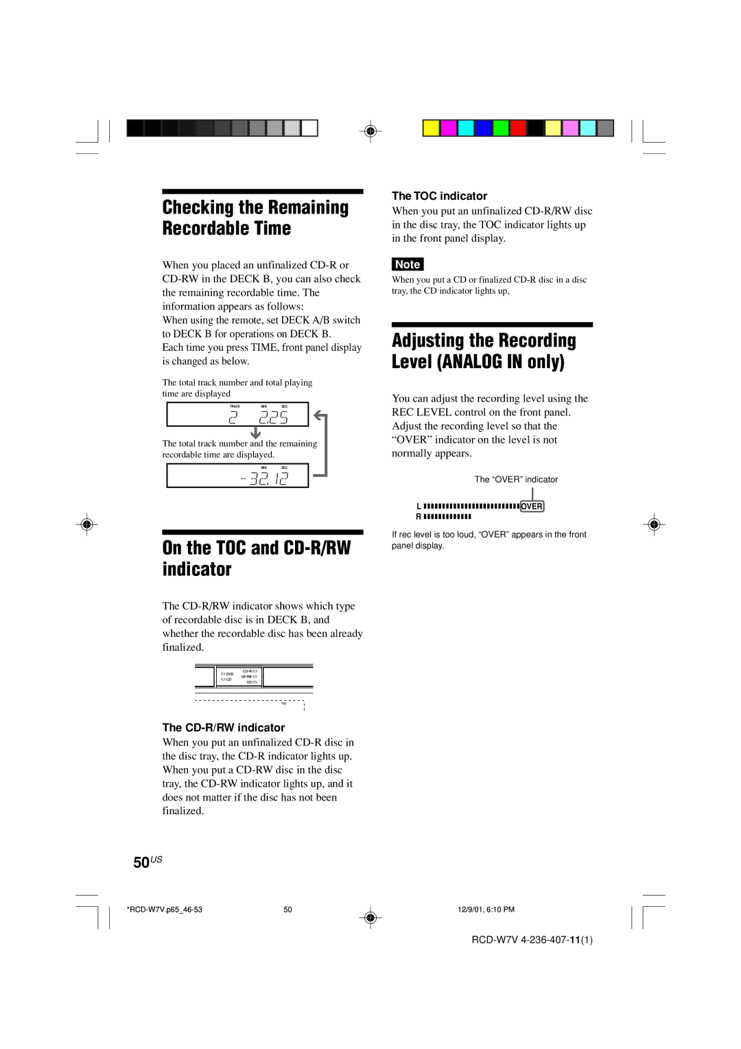 Sony RCD-W7V operating instructions On the TOC and CD-R/RW indicator, Checking the Remaining Recordable Time, 50US 