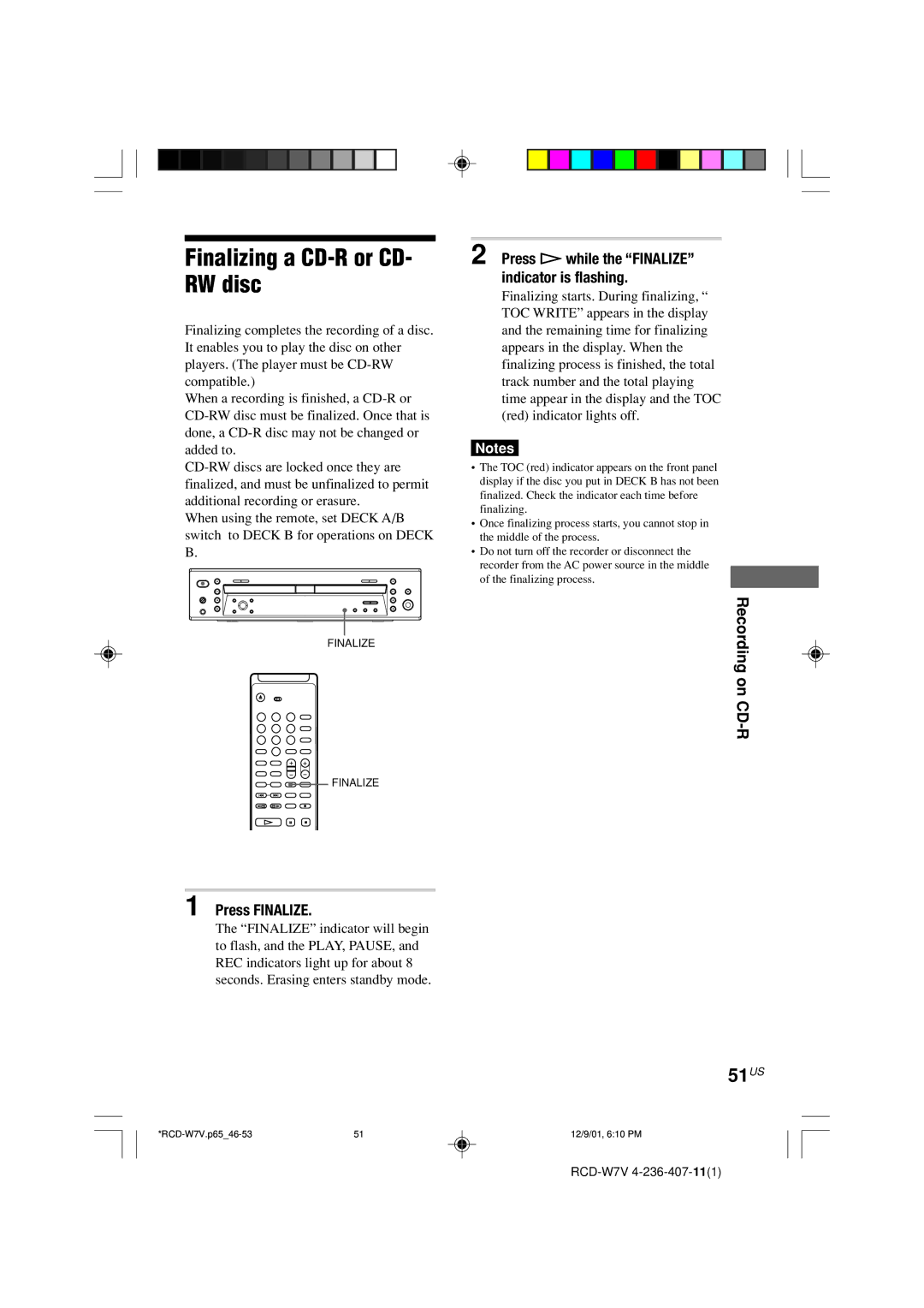 Sony RCD-W7V operating instructions Finalizing a CD-R or CD- RW disc, 51US, Press Finalize, Recording on 