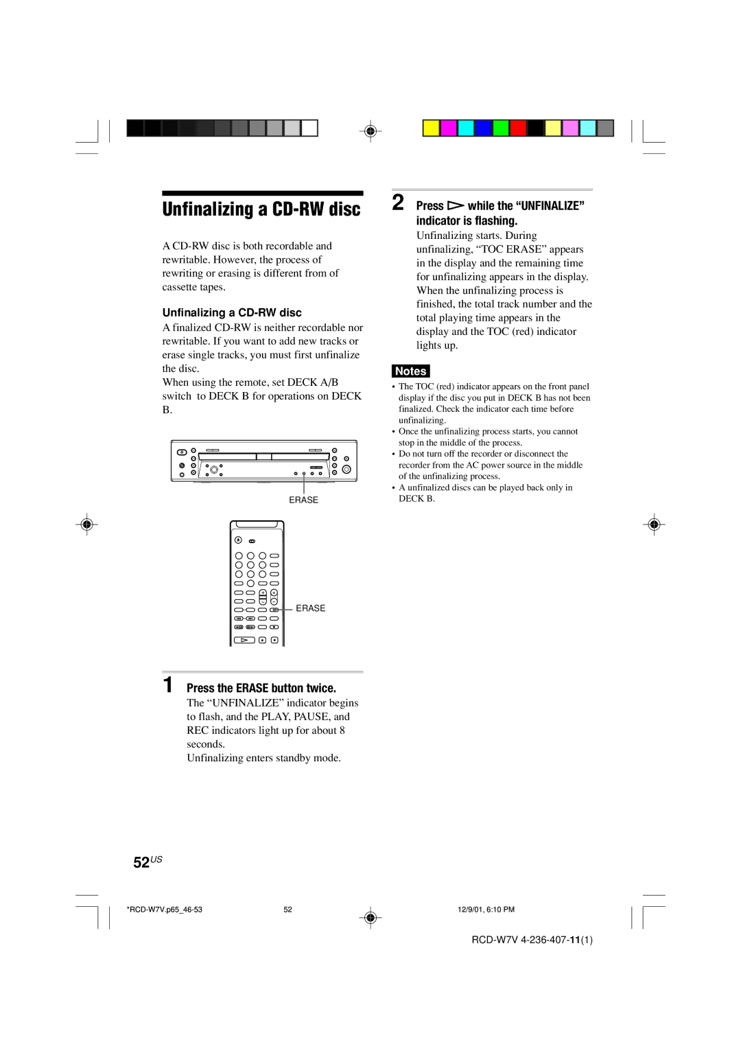 Sony RCD-W7V operating instructions 52US, Press the Erase button twice, Unfinalizing a CD-RW disc 