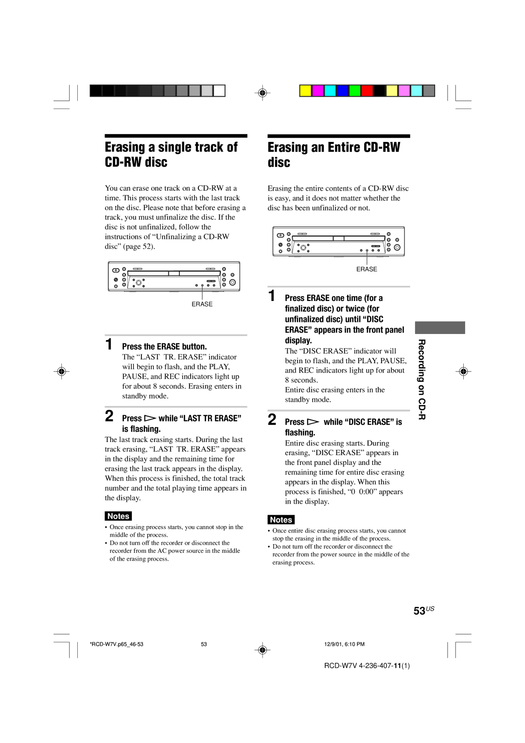 Sony RCD-W7V operating instructions Erasing a single track of CD-RW disc, Erasing an Entire CD-RW disc 