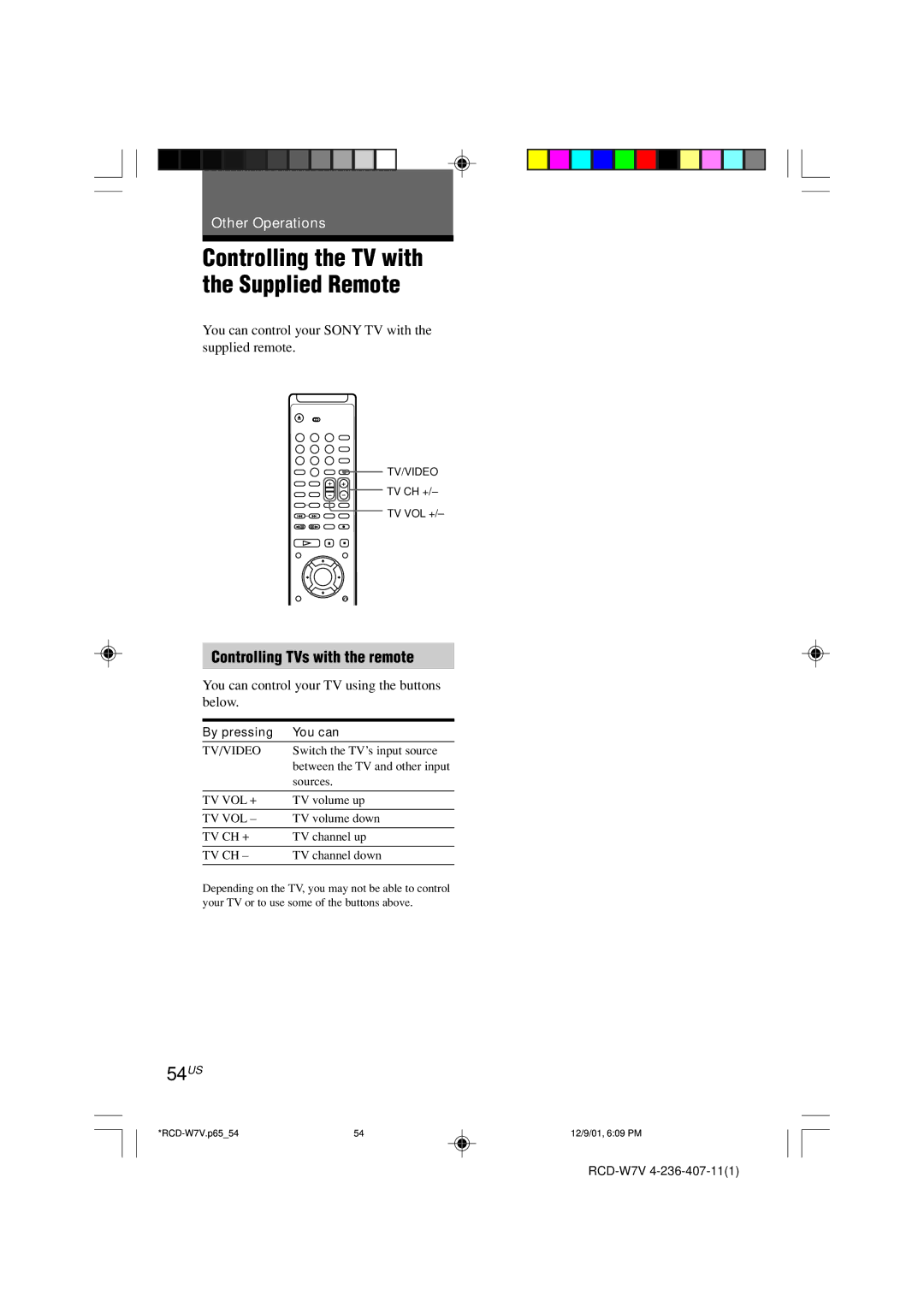 Sony RCD-W7V operating instructions Controlling the TV with the Supplied Remote, 54US, Controlling TVs with the remote 