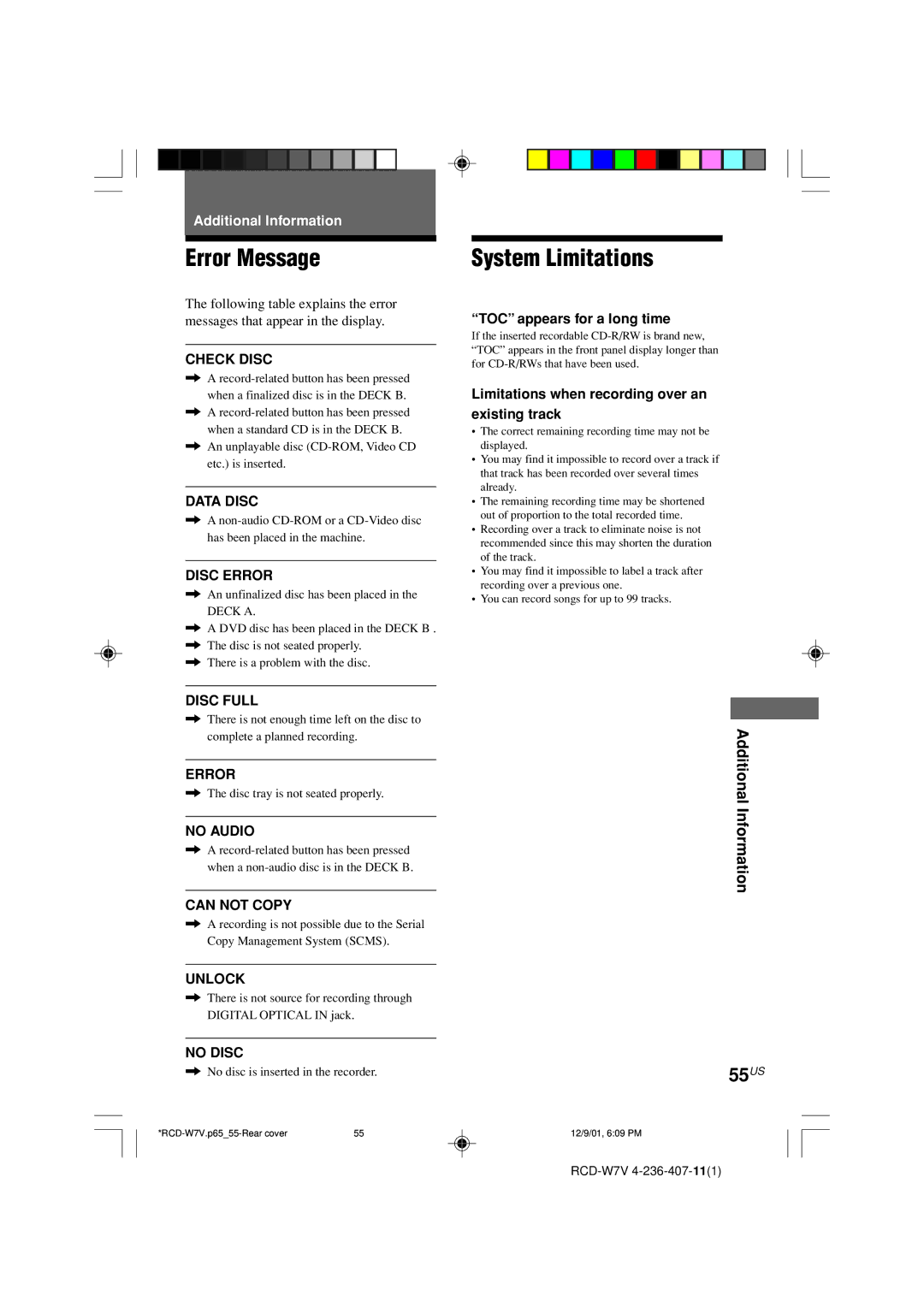 Sony RCD-W7V operating instructions Error Message, System Limitations, 55US, Additional Information 