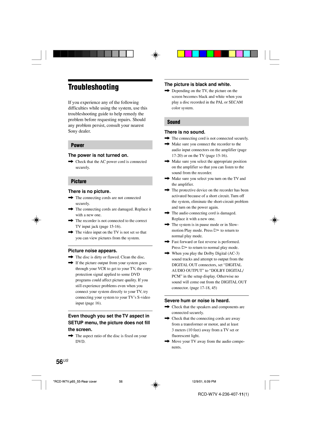 Sony RCD-W7V operating instructions Troubleshooting, 56US, Power, Picture, Sound 