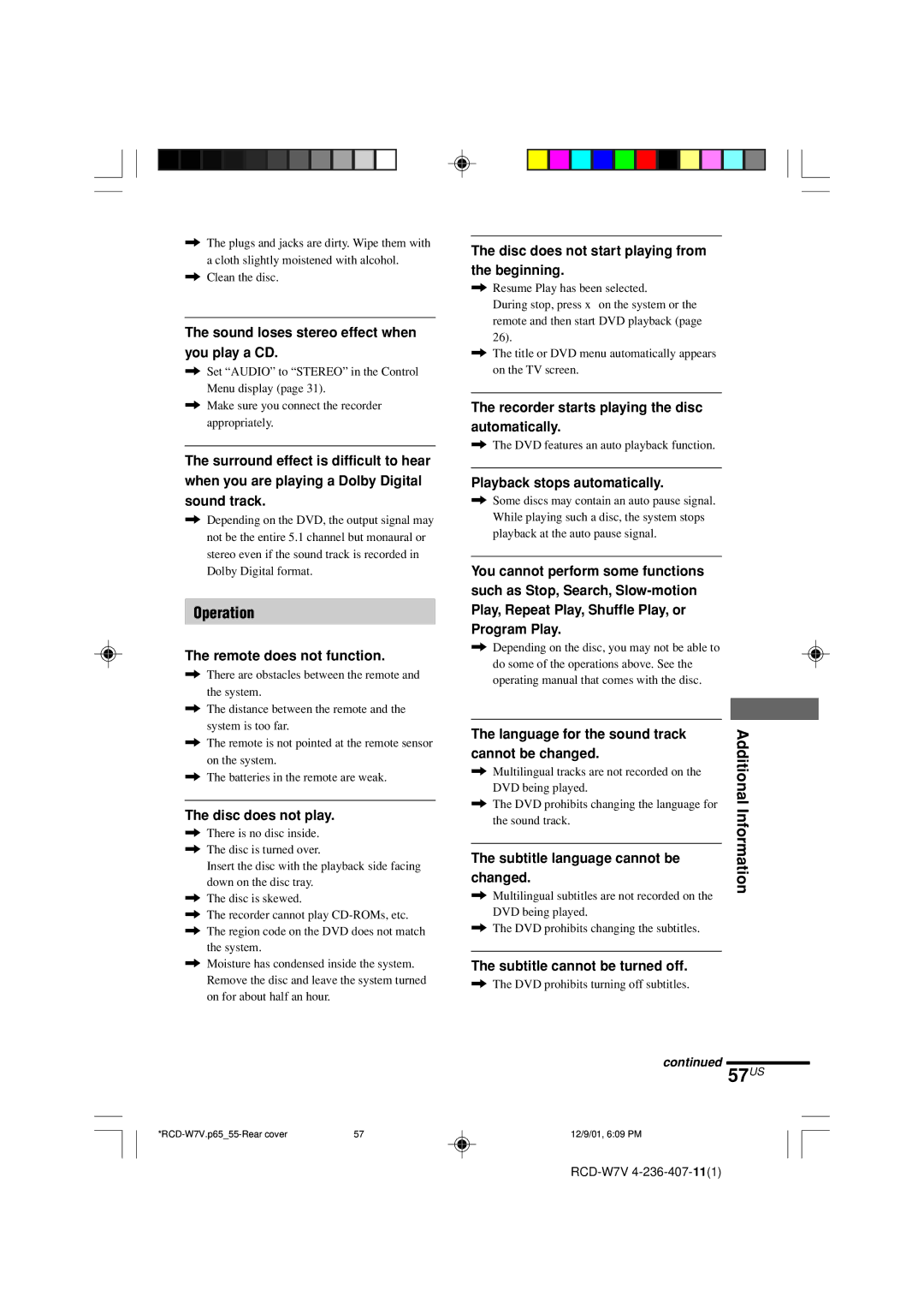 Sony RCD-W7V operating instructions 57US, Operation 