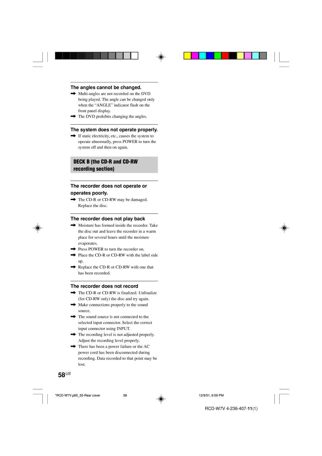 Sony RCD-W7V operating instructions 58US, Deck B the CD-R and CD-RW Recording section 