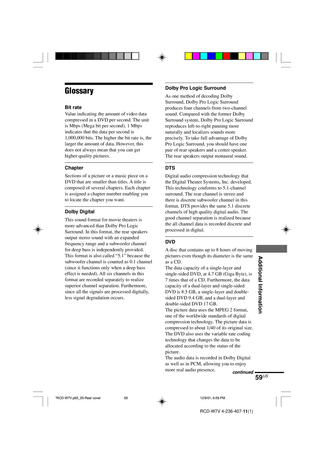 Sony RCD-W7V operating instructions Glossary, Additional, Information 