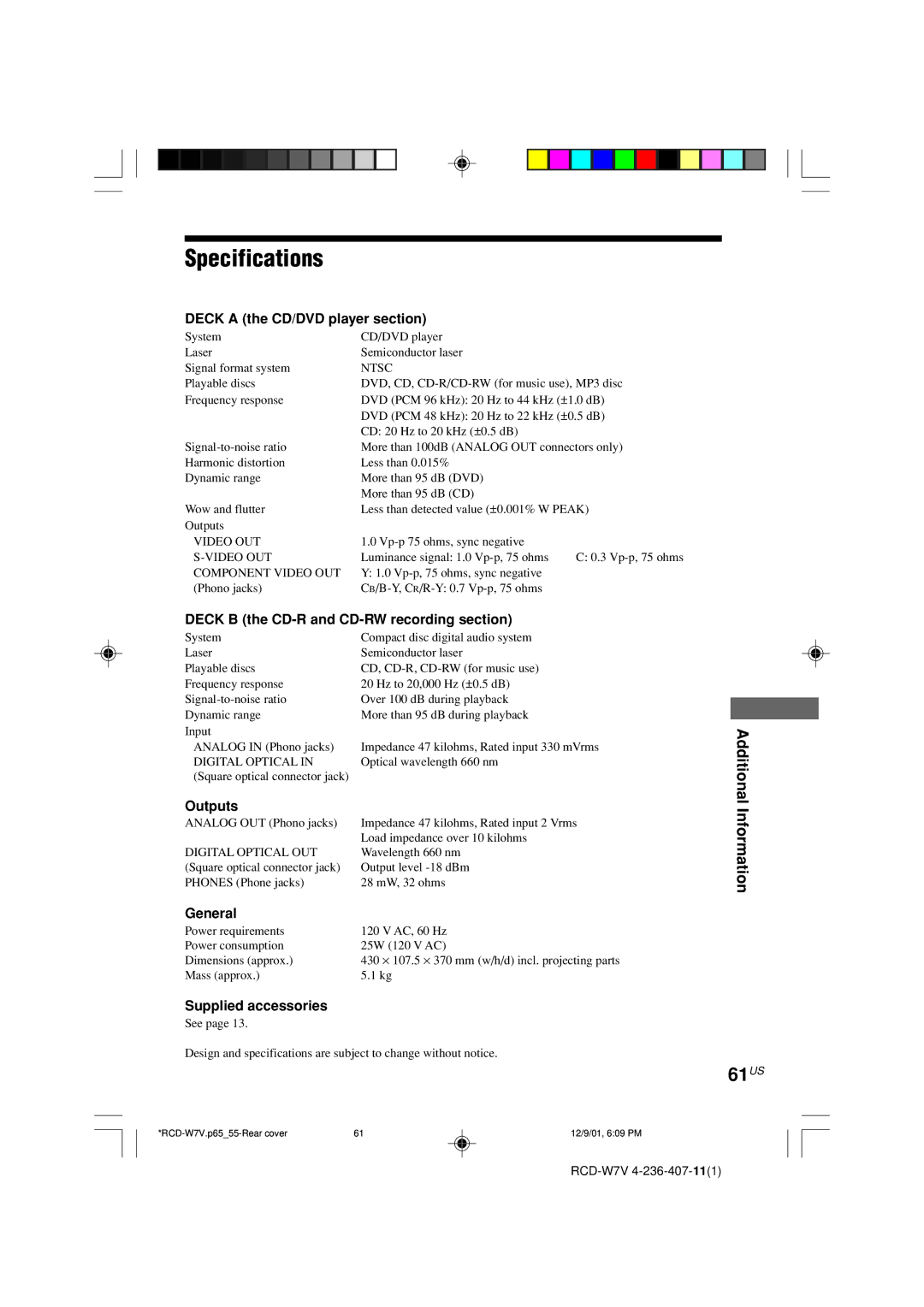 Sony RCD-W7V operating instructions Specifications, 61US 