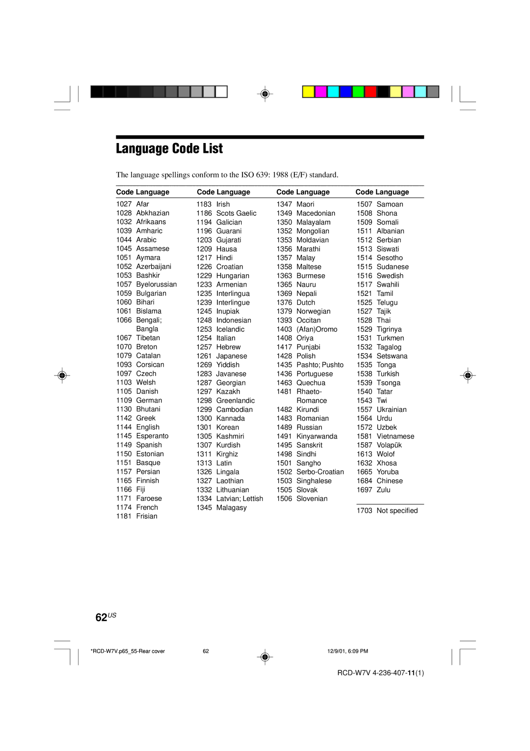 Sony RCD-W7V operating instructions Language Code List, 62US, Language spellings conform to the ISO 639 1988 E/F standard 