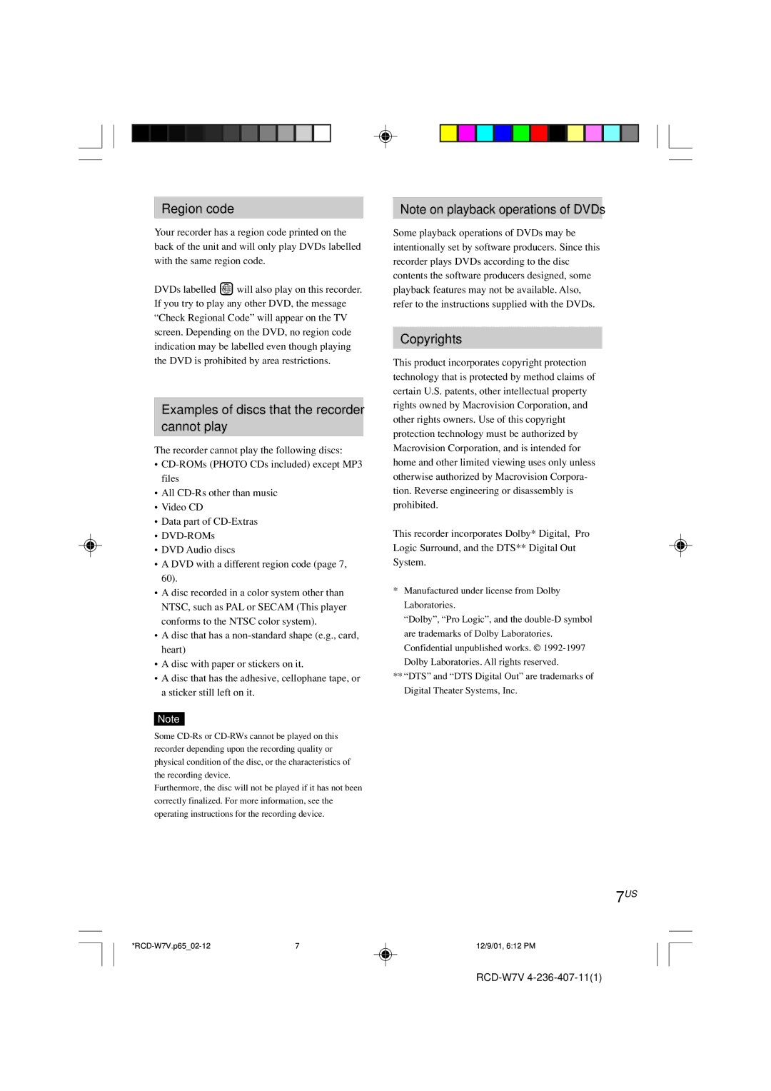 Sony RCD-W7V operating instructions Region code, Examples of discs that the recorder Cannot play, Copyrights 