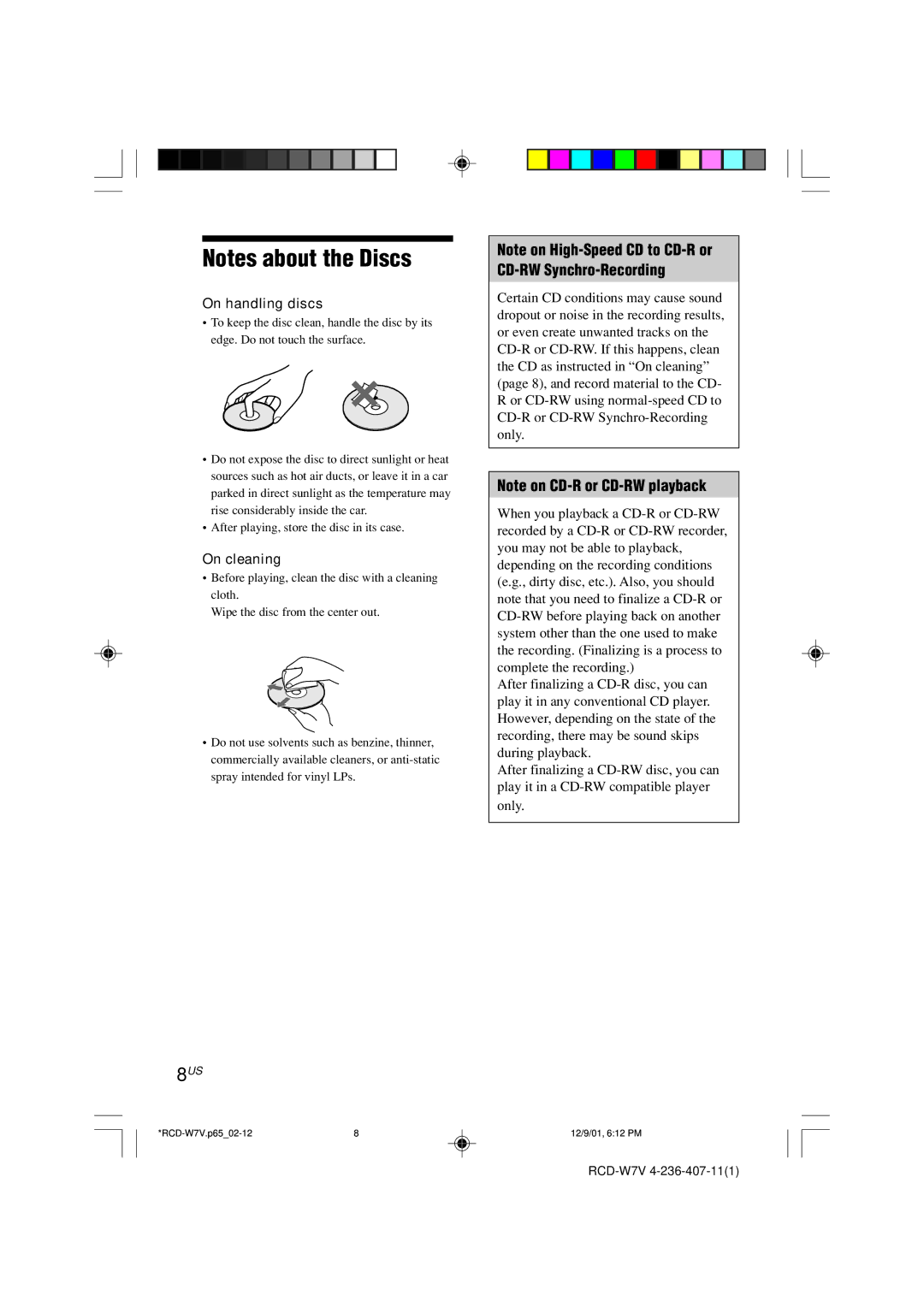 Sony RCD-W7V operating instructions CD-RW Synchro-Recording, On handling discs 