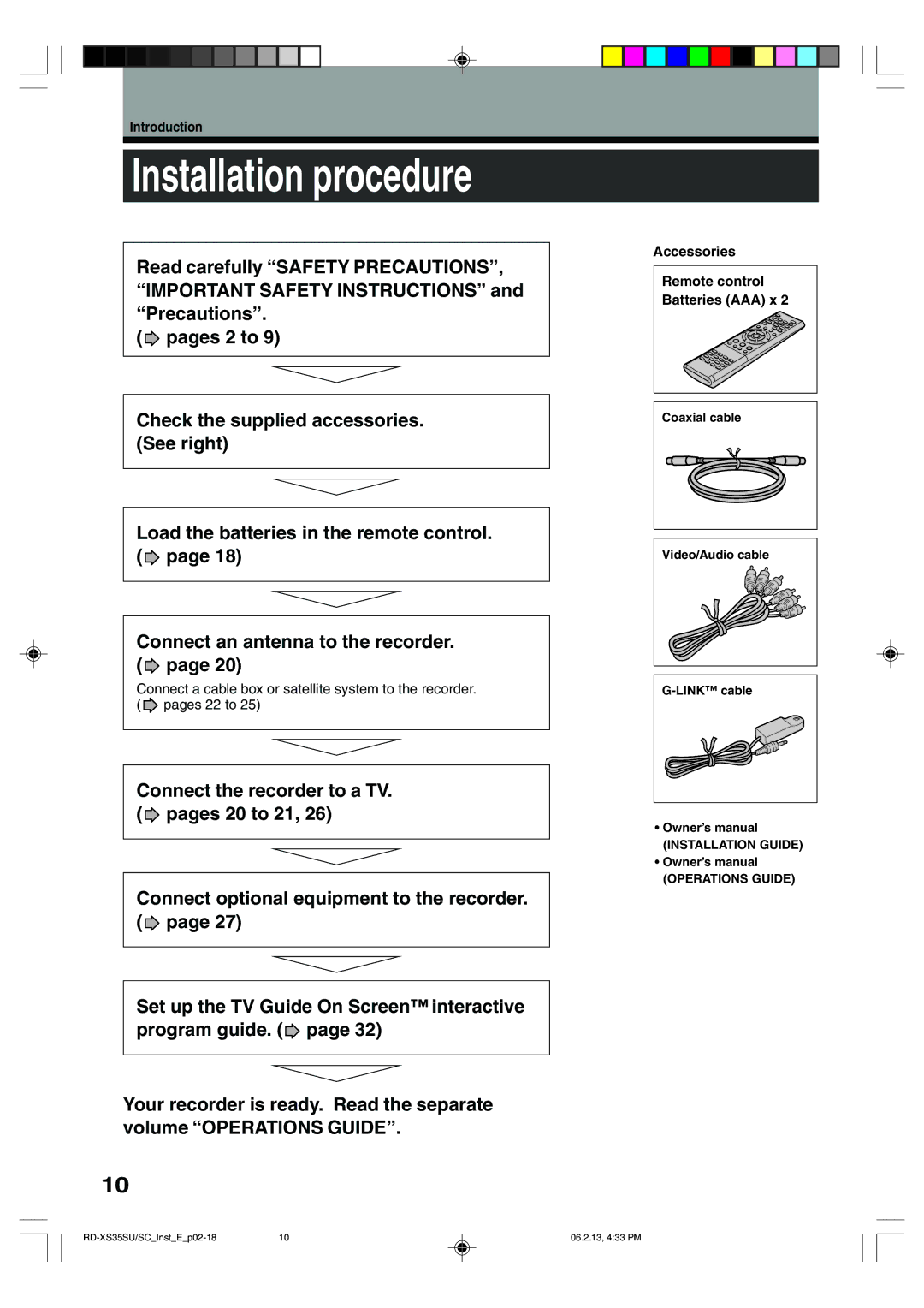 Sony RD-XS35SU, RD-XS35SC owner manual Installation procedure, Accessories Remote control Batteries AAA x 