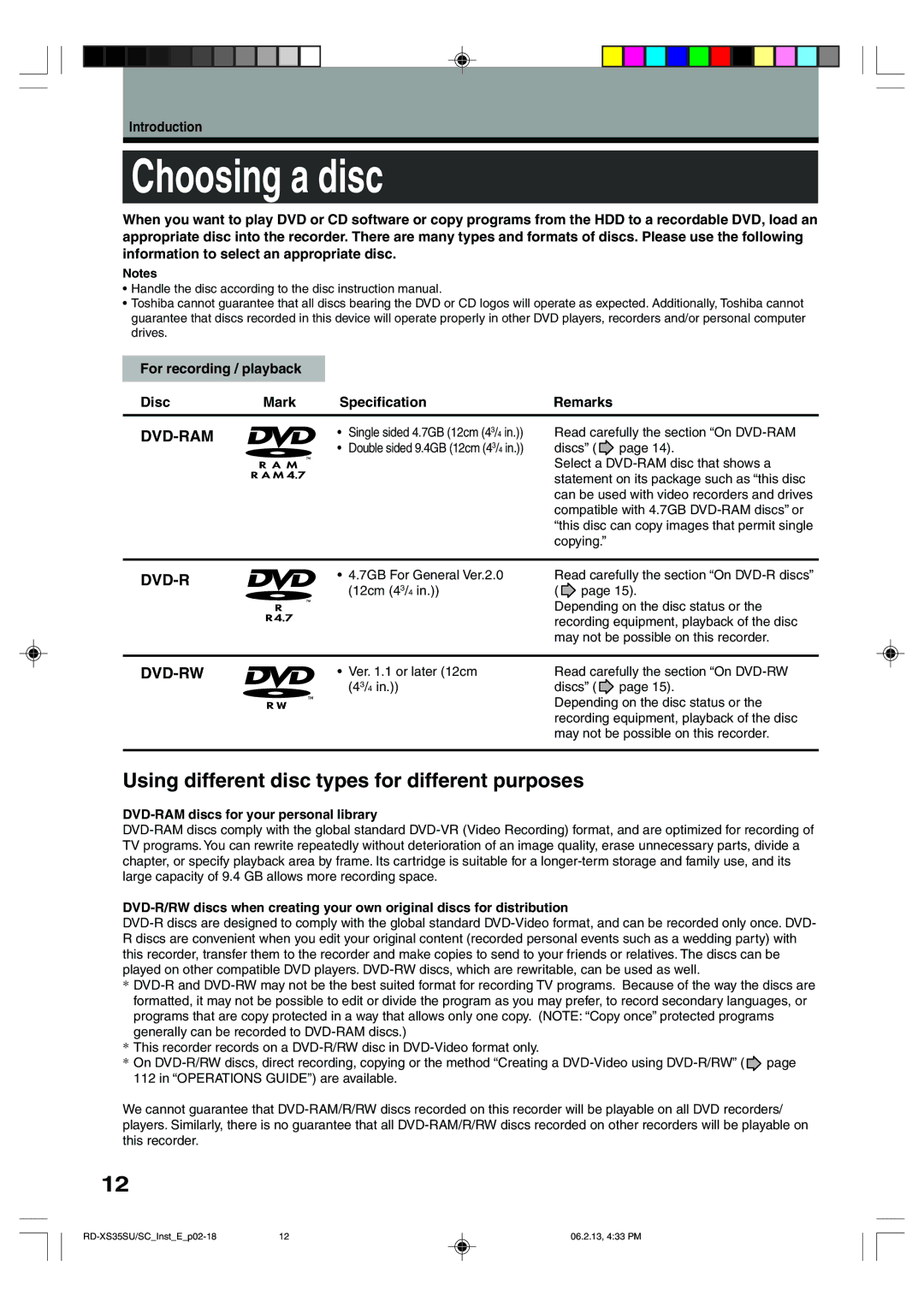 Sony RD-XS35SU, RD-XS35SC owner manual Choosing a disc, Using different disc types for different purposes 