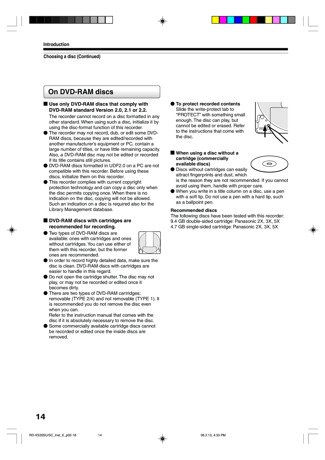 Sony RD-XS35SU On DVD-RAM discs, Introduction Choosing a disc, DVD-RAM discs with cartridges are recommended for recording 