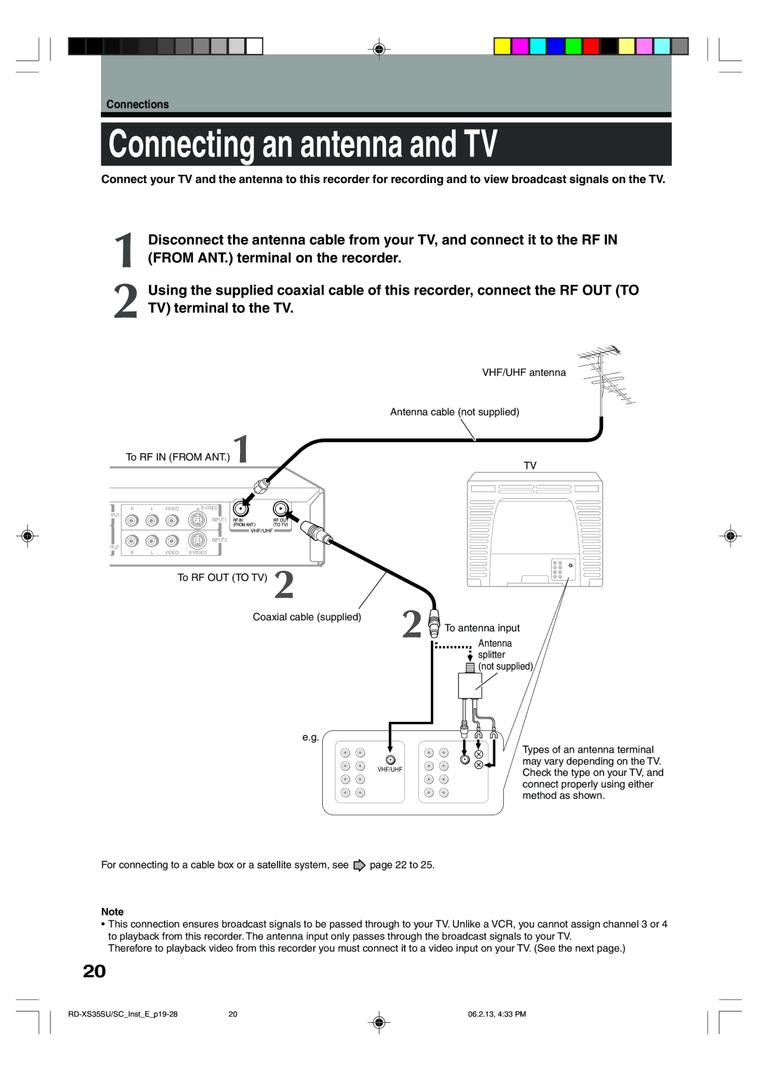 Sony RD-XS35SU, RD-XS35SC owner manual Connecting an antenna and TV, Connections 