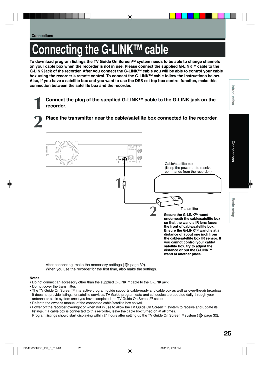 Sony RD-XS35SC, RD-XS35SU owner manual Connecting the G-LINK cable 