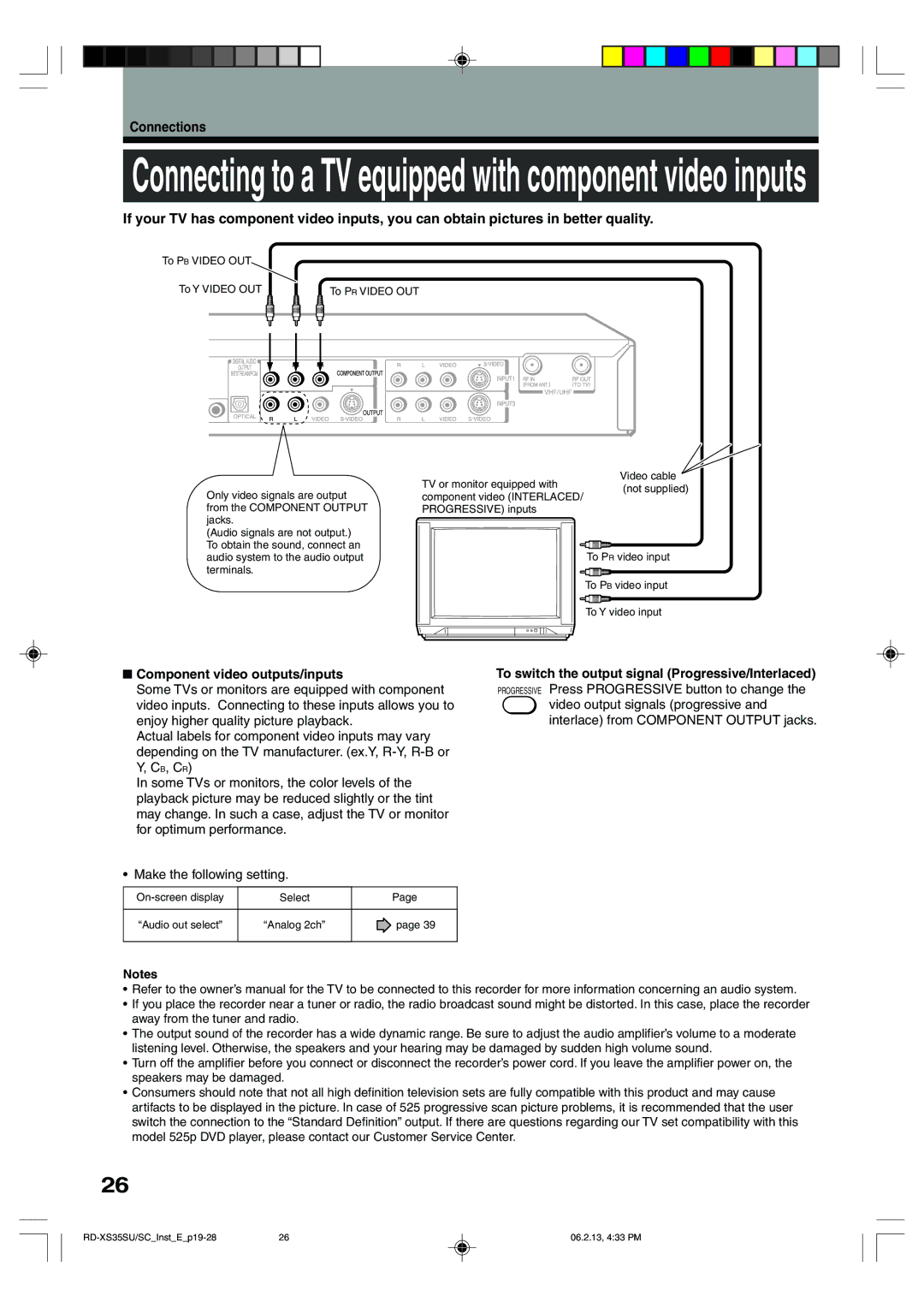 Sony RD-XS35SU, RD-XS35SC owner manual Connecting to a TV equipped with component video inputs 