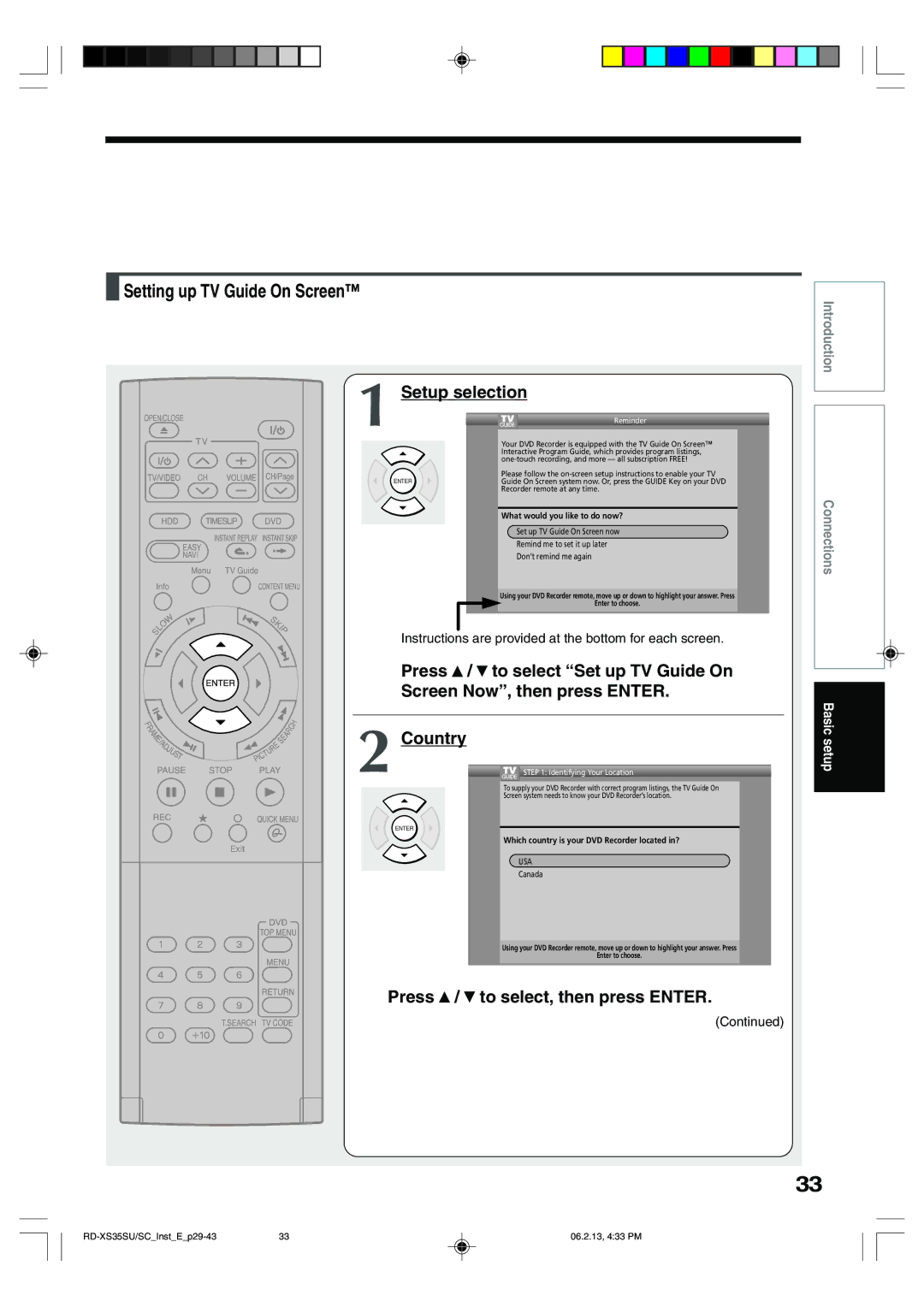 Sony RD-XS35SC, RD-XS35SU owner manual Setup selection, Press To select, then press Enter 