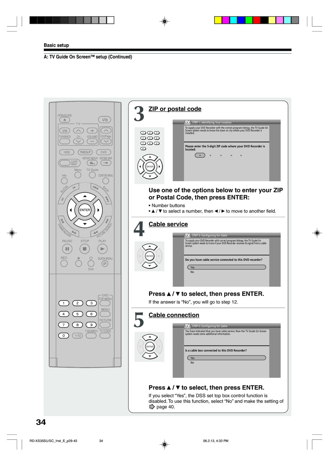 Sony RD-XS35SU, RD-XS35SC owner manual ZIP or postal code, Or Postal Code, then press Enter, Cable service, Cable connection 