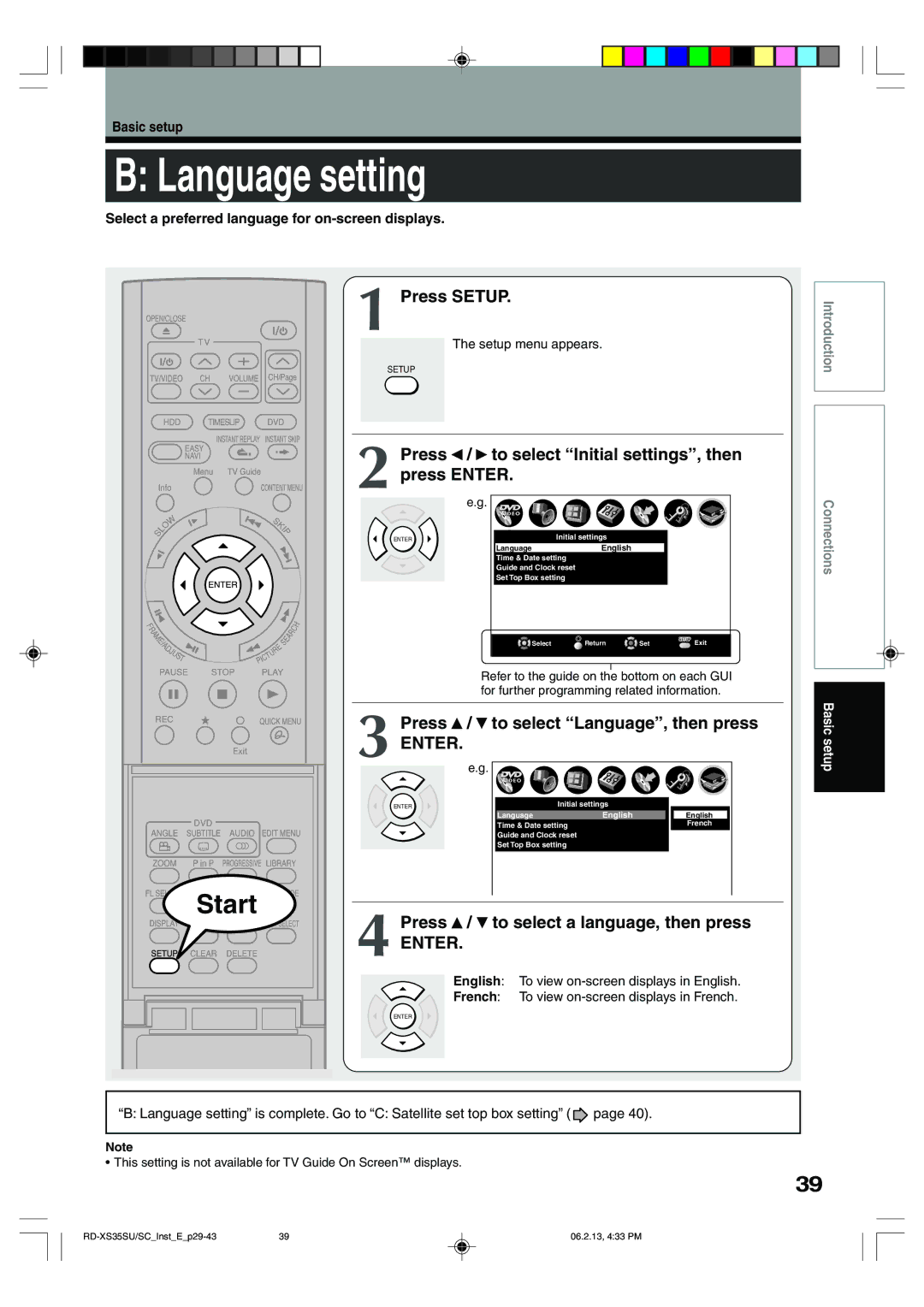 Sony RD-XS35SC, RD-XS35SU owner manual Language setting, Press Setup, Press / to select Initial settings, then press Enter 