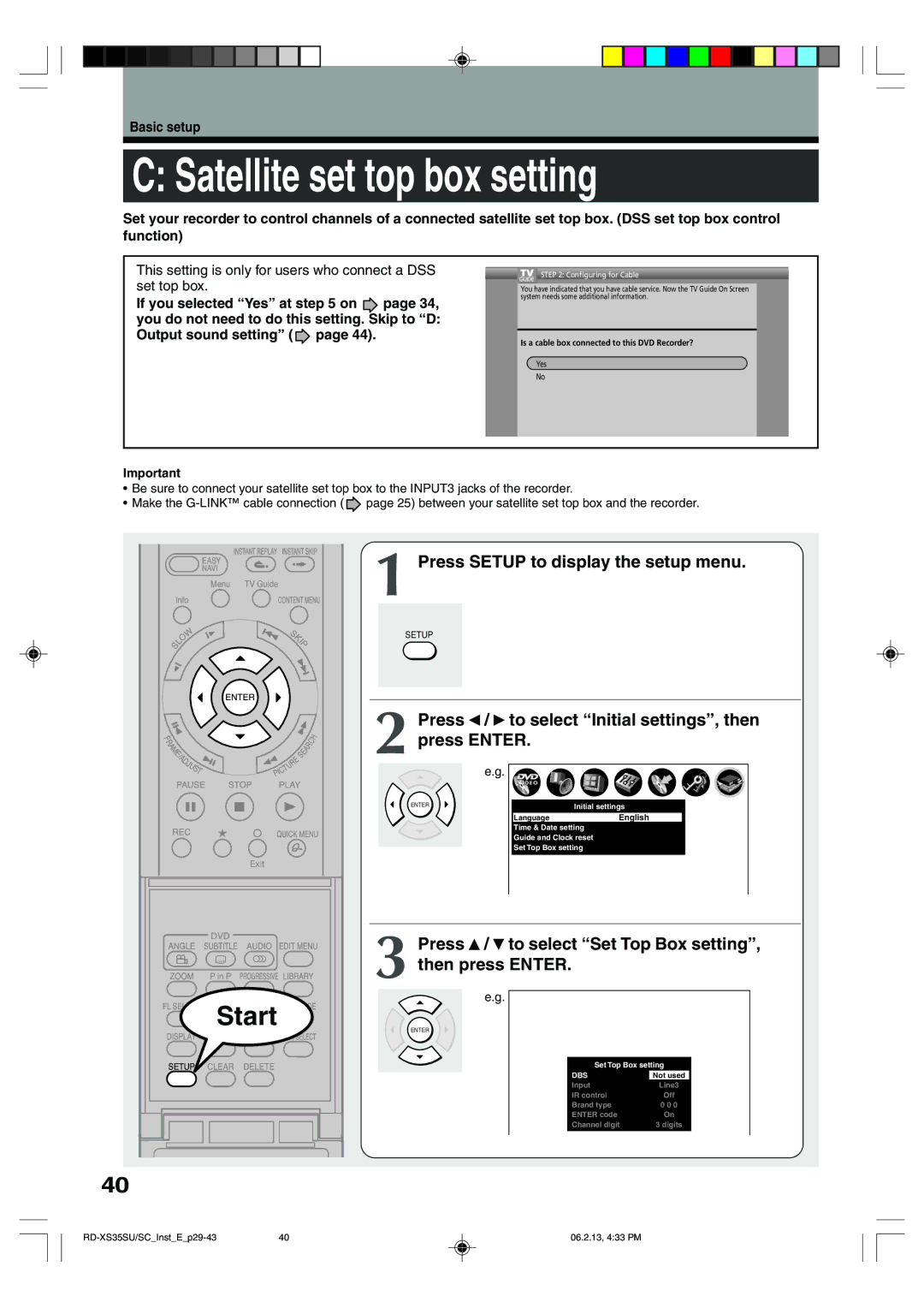 Sony RD-XS35SU, RD-XS35SC owner manual Satellite set top box setting, Press Setup to display the setup menu 