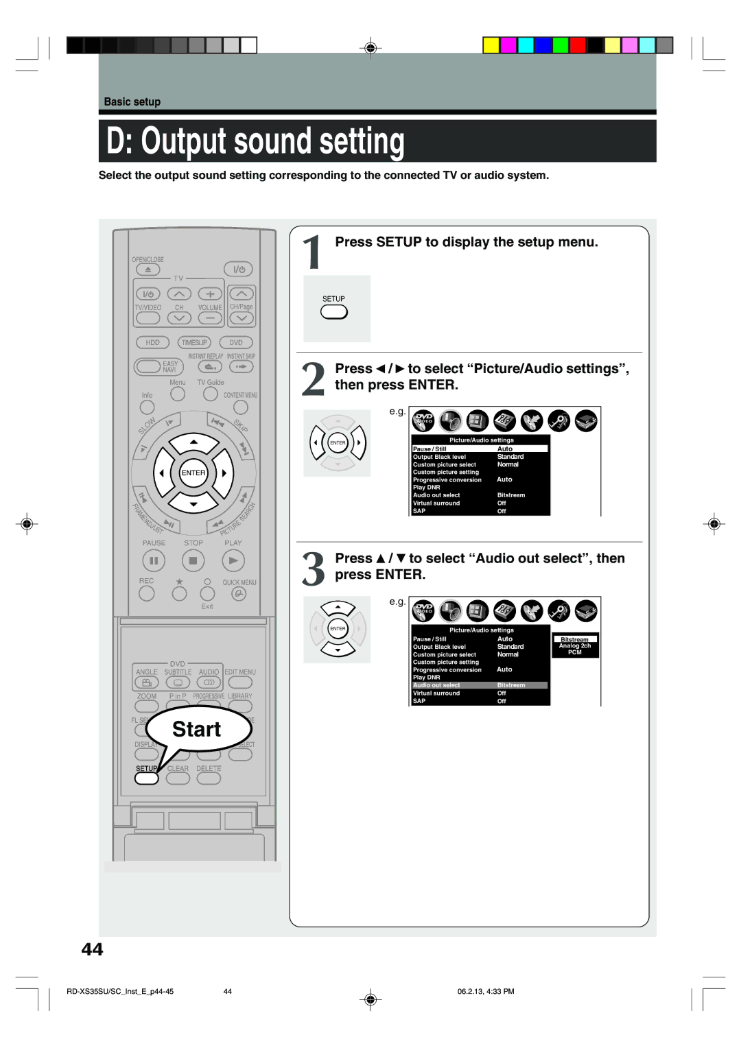 Sony RD-XS35SU, RD-XS35SC owner manual Output sound setting, Press / to select Picture/Audio settings, then press Enter 