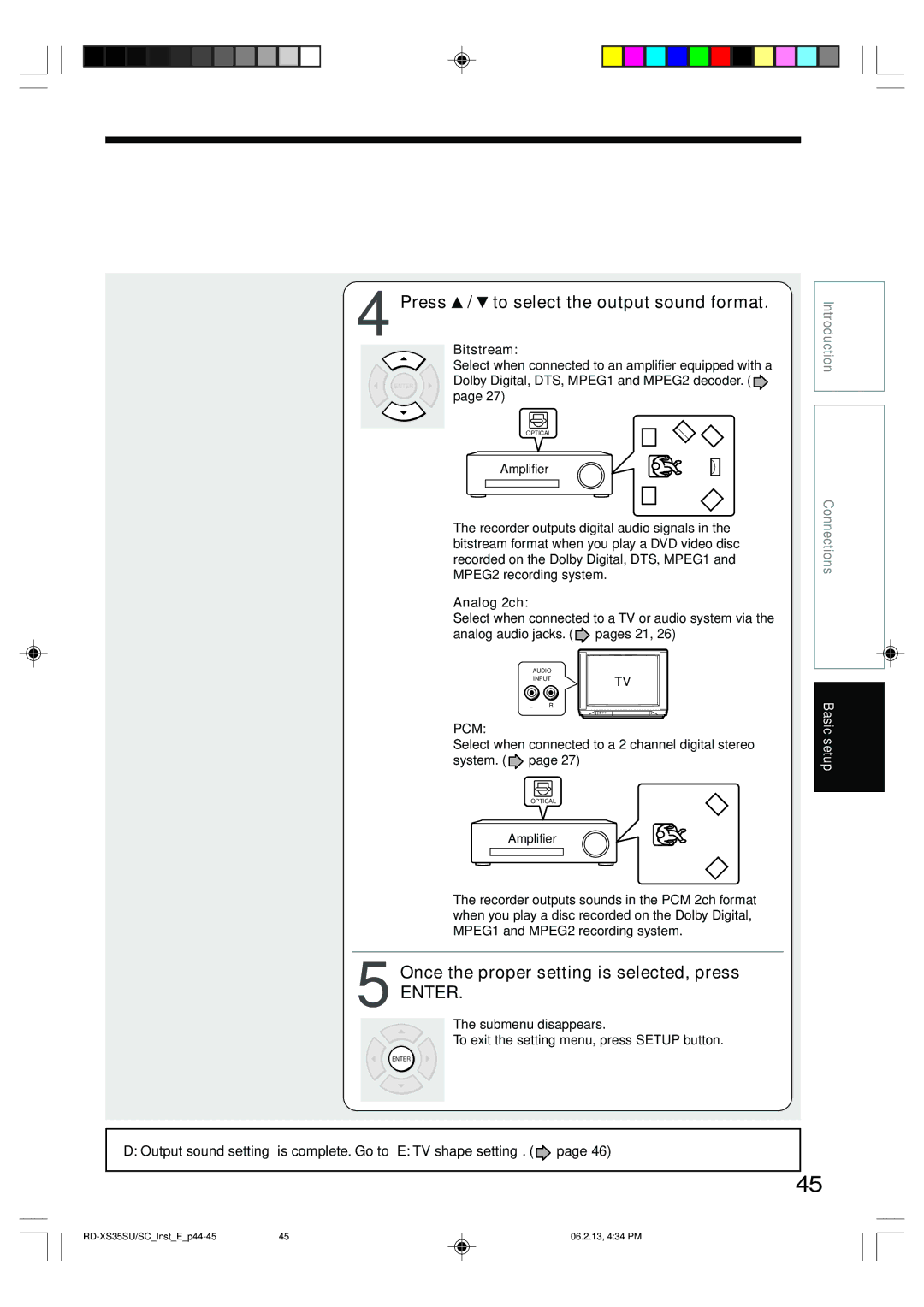 Sony RD-XS35SC, RD-XS35SU owner manual Press / to select the output sound format, Once the proper setting is selected, press 