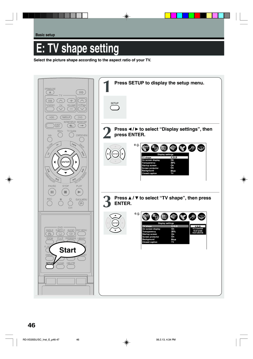 Sony RD-XS35SU, RD-XS35SC owner manual TV shape setting, Press / to select Display settings, then press Enter 